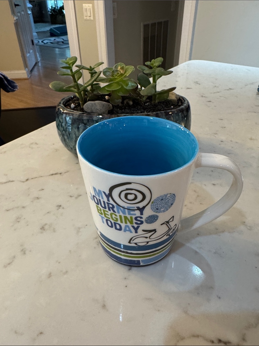 STARBUCKS MUG with Blue Interior White Ceramic Mug with Inspirational Phrase